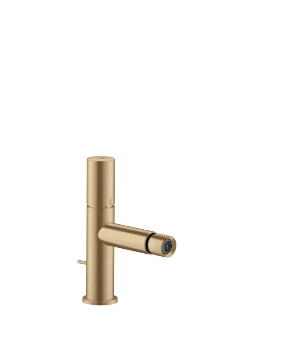Ein AXOR Bidetmischer in Brushed Bronze mit einem schlichten Design. Der Hebel befindet sich seitlich und die Ablaufgarnitur ist integriert.